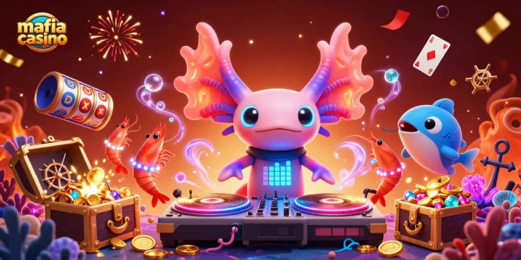 Experience mafia casino fun with a vibrant underwater DJ scene filled with treasures and slot machines.