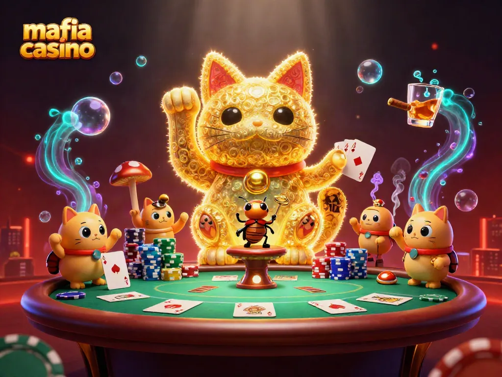 Engage with mafia casino in a vibrant 3D scene featuring a lucky cat and poker elements.