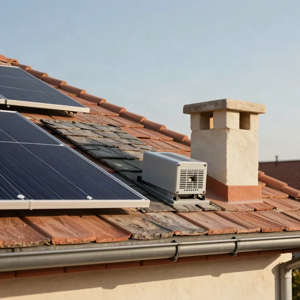 Tetto residenziale con campioni fotovoltaici, ardesia, grondaia e inverter vicino al camino.