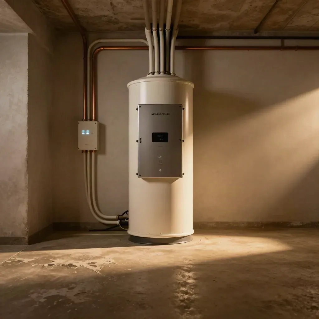 Locale tecnico con batteria di accumulo, inverter e tubazioni ordinate in luce calda
