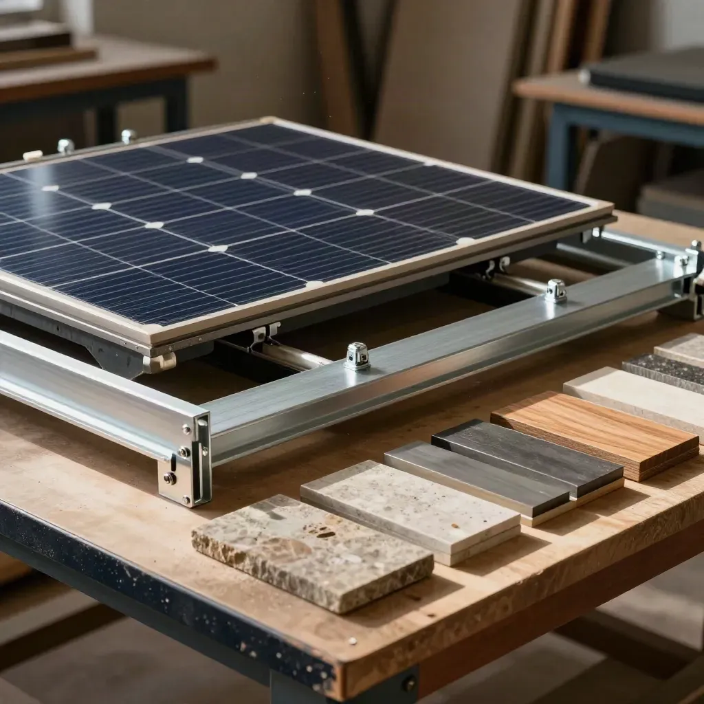 Banco di progettazione fotovoltaica con mockup di tetto, rail in alluminio e campioni materiali