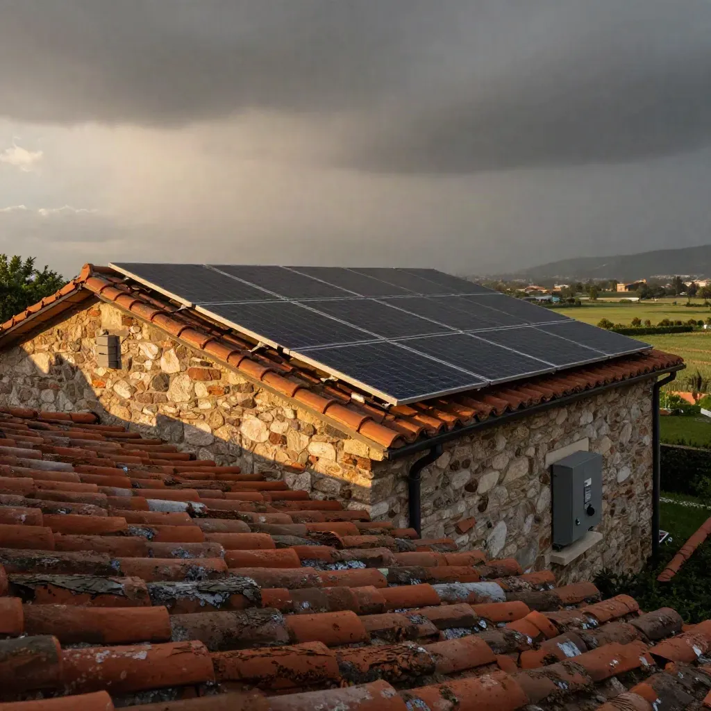 Tetto italiano con pannelli fotovoltaici, inverter e batteria su villa in pietra dopo un temporale.