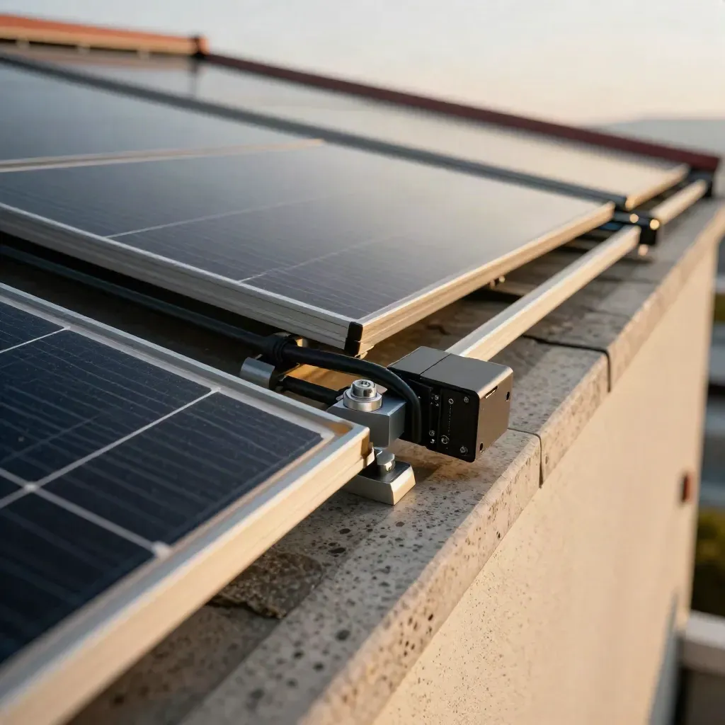 Dettaglio macro di pannello fotovoltaico, canaline e cavi ordinati su tetto inclinato.