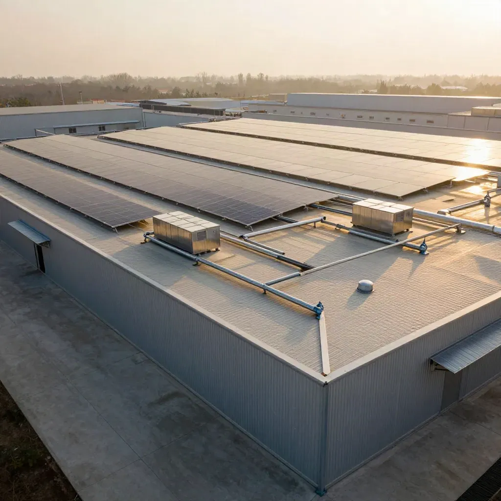 Capannone industriale a Modena con moduli FV, accumulo e canaline al tramonto.