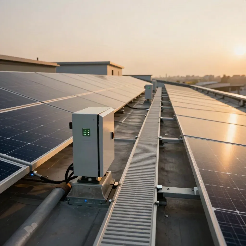 File di moduli fotovoltaici, passerella di servizio e gateway di monitoraggio su tetto.