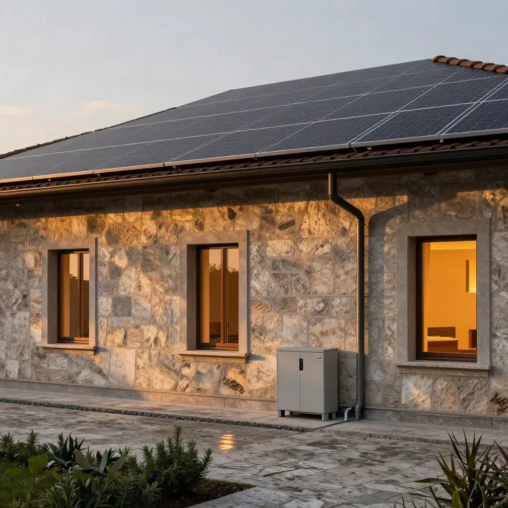 Villa di Brescia con tetto fotovoltaico e batteria tecnica, illuminata dal tramonto