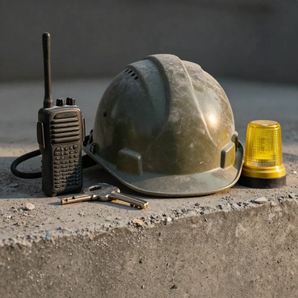 Casco, radio, beacon spento e chiave da cantiere su cemento grezzo, luce radente