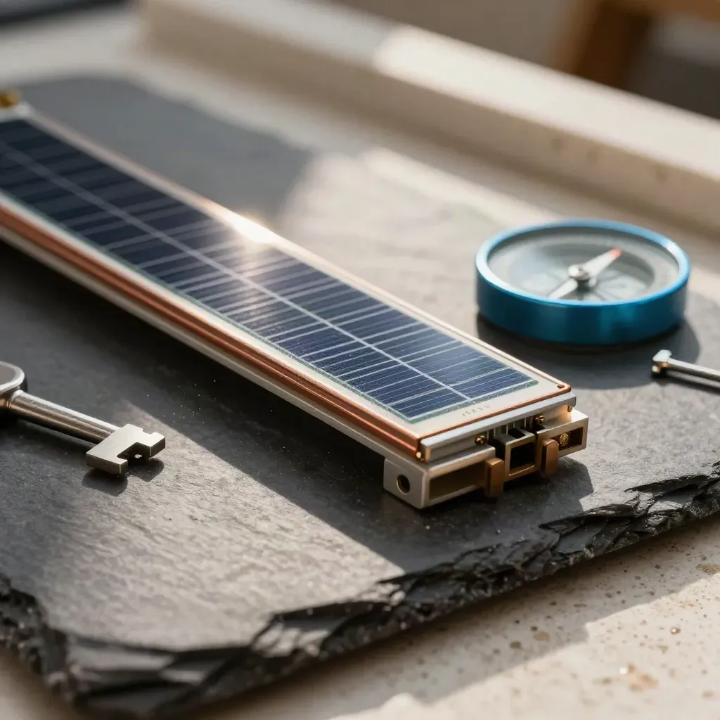 Campione di modulo fotovoltaico con morsetto, bussola solare e chiave a brugola su ardesia.