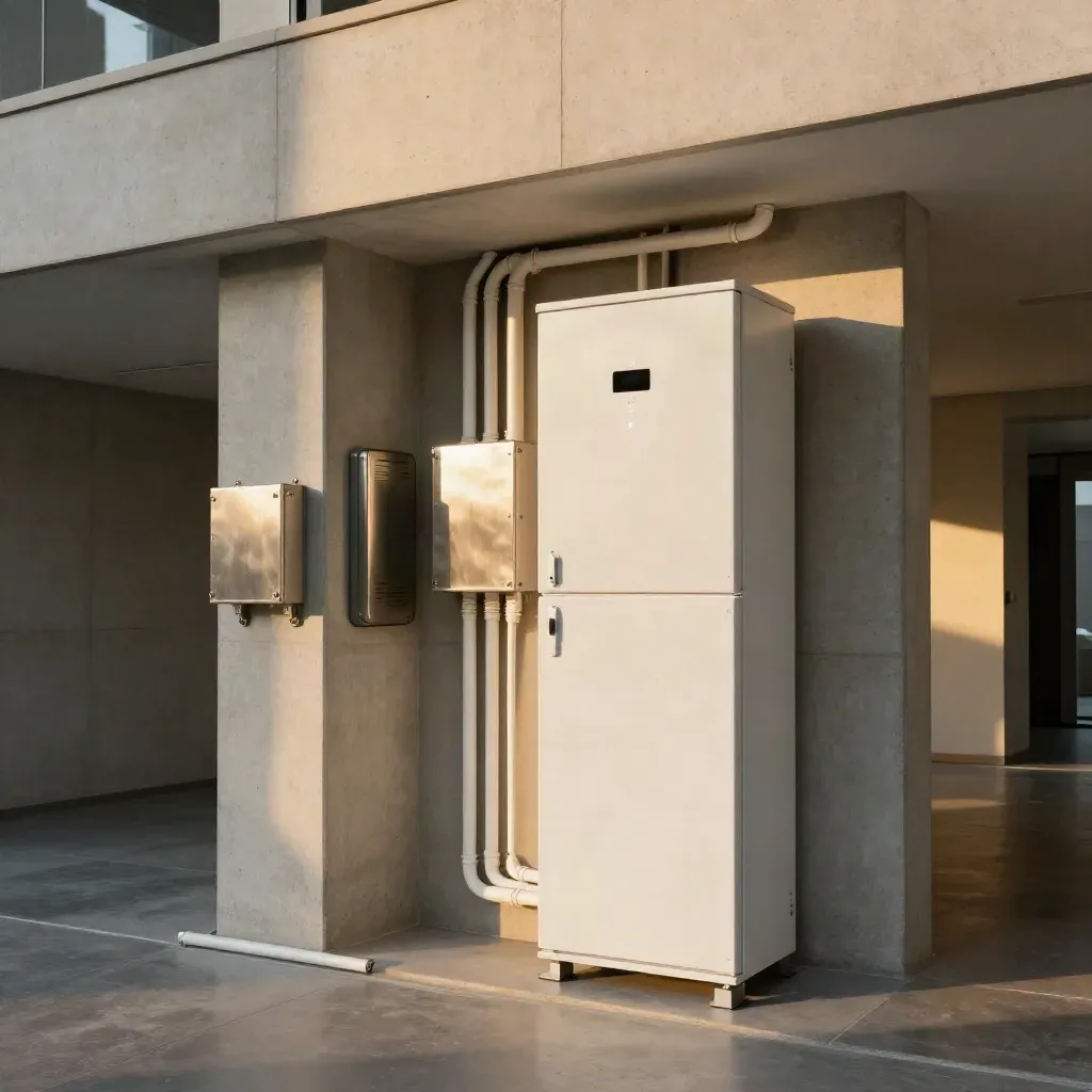 Locale tecnico uffici con inverter, gateway e LED di stato in corridoio ordinato.