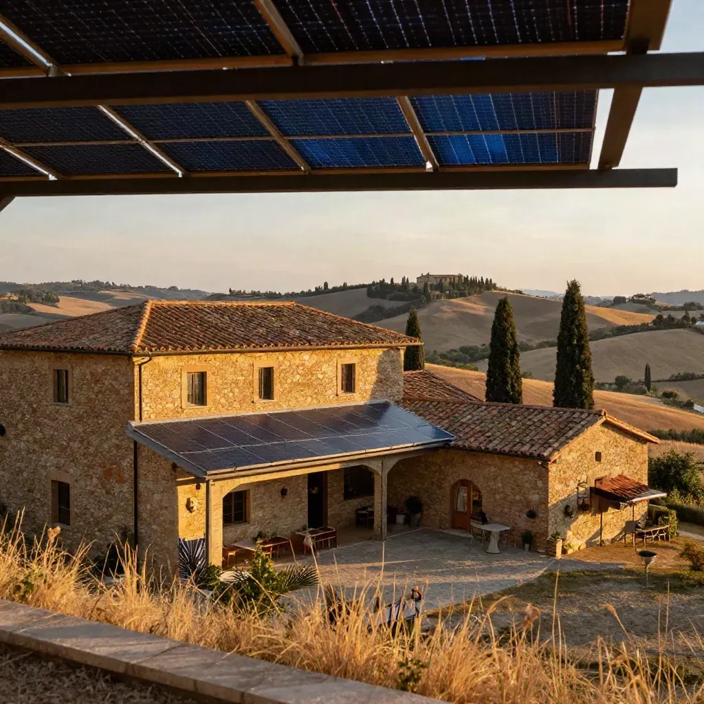 Agriturismo toscano in pietra con pannelli solari su tetto e pensilina tra cipressi e campi secchi.