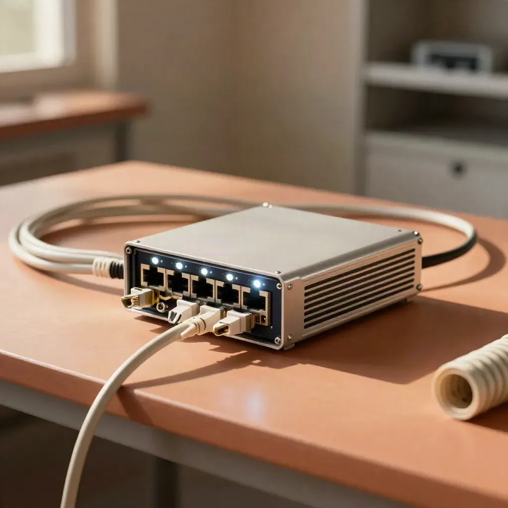 Gateway di monitoraggio con LED, cavi RJ45 e bobina su piano chiaro, vista zenitale ravvicinata.