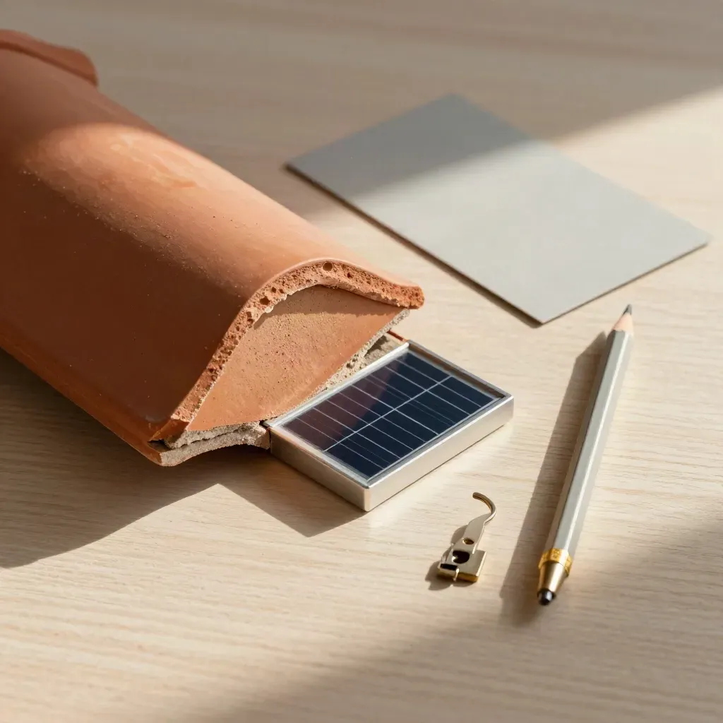 Frammento di tegola, mini modulo fotovoltaico e chiave su legno chiaro