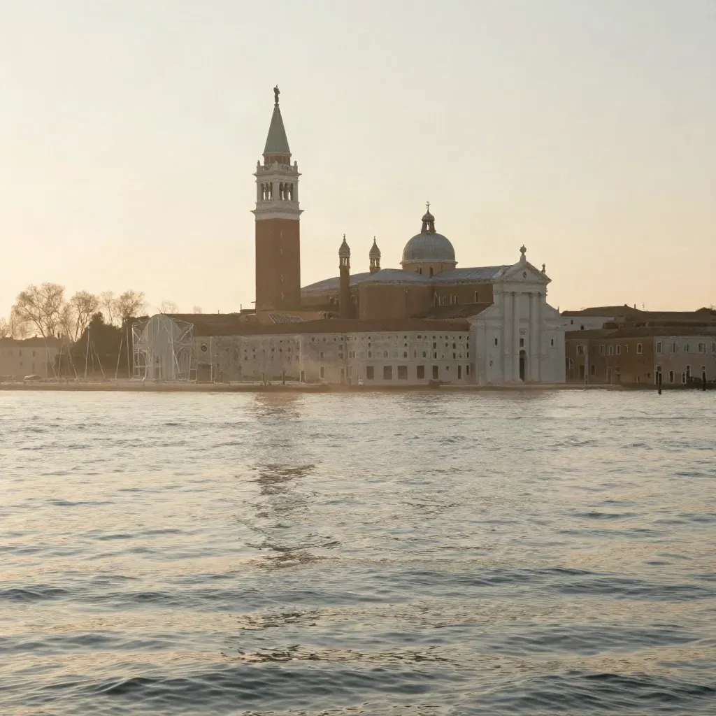 Bacino di Venezia al tramonto con campanile alto, acqua calma e bruma dorata.