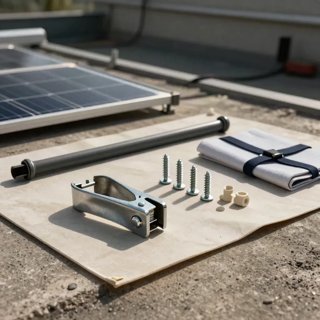Morsetti e viti su telo neutro, luce radente da cantiere, preparazione impianto fotovoltaico.