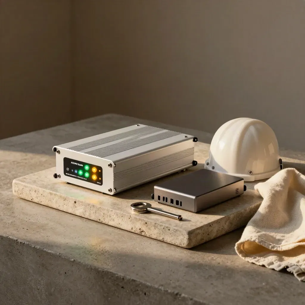 Inverter acceso, gateway e chiave di sezionamento su vassoio tecnico, luce morbida