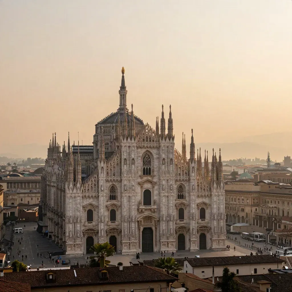 Panorama di Milano al tramonto con il Duomo alto e la pianura velata di foschia.