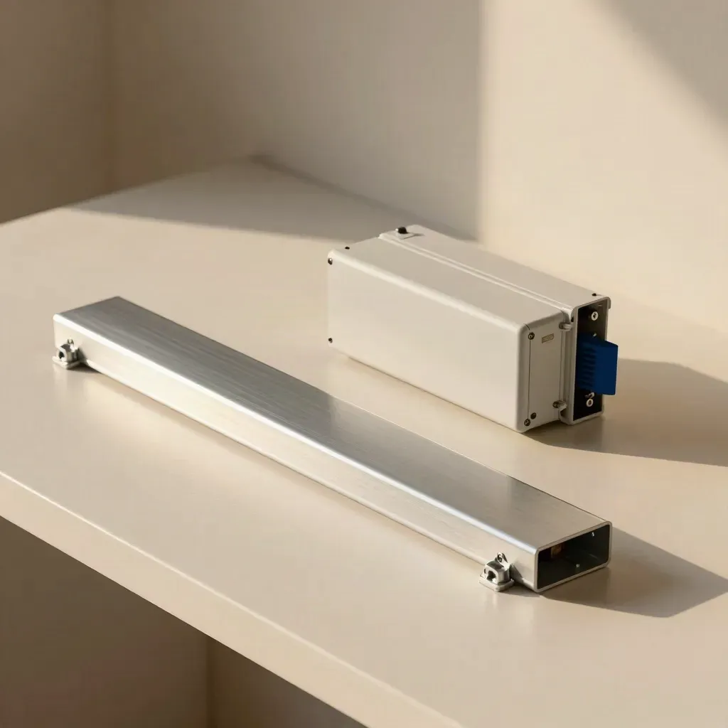 Mockup fotovoltaico con rail in alluminio, distanziatori e inverter bianco su fondo chiaro.