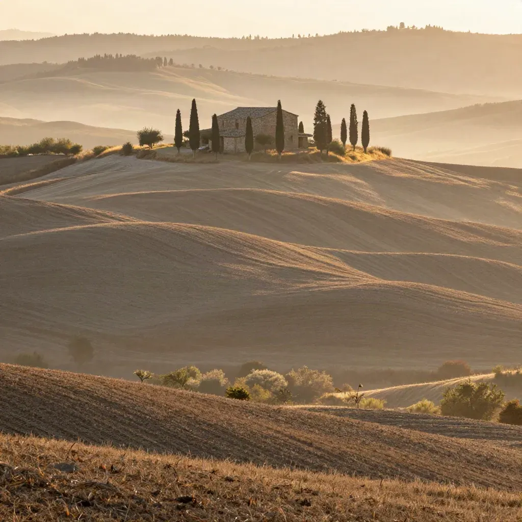 Colline della Val d’Orcia all’alba con casale in pietra, cipressi e nebbia bassa