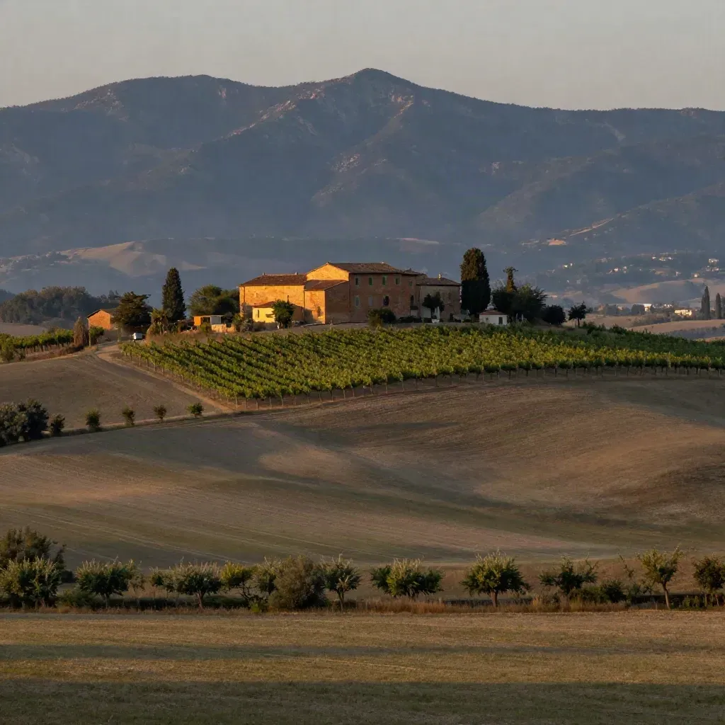 Corte rurale emiliana al tramonto con filari e Appennini velati di foschia